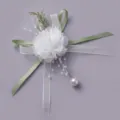 Korean style white mesh flower wedding corsage with green ribbons and pearls for bride and bridesmaids. - Bride and Groom Corsage (BRS-J410)