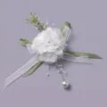 White fabric flower boutonniere with green ribbon and pearls for wedding party variant - Bride and Groom Corsage (BRS-J411)