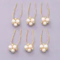Gold pearl hair pins bridal wedding hair fork elegant updo hair accessories set of six. - Niche Hairpin Set (HS-J3281G)