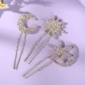 Luxury rhinestone hairpin set, sparkling moon and sun U-shaped hair forks for party daily styling. - Star and Moon Versatile Hair Stick Set (HS-J7506G) / Gold