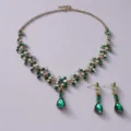 French vintage green rhinestone necklace and earrings set, elegant gold bridal jewelry. - Necklace Earring Set (NS-J6482GGREEN)