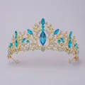 Bridal rhinestone crown variant, vintage gold tiara with blue crystals for party wedding. - Forest Style Crown (TS-J2711GLB)