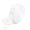 Close-up of white flocked ribbon with golden star print, perfect for DIY crafts and hair accessories. - 5 Yards/Roll / White