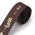 Brown gold foil love printed polyester ribbon for gift box wrapping and DIY crafts. - Coffee