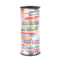 Close-up detail of a colorful Happy Birthday printed ribbon roll on a black spool for decor. - 100 Yards Pack / White Happy Birthday Print