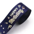 Blue gold stamped Happy Birthday ribbon detail, perfect for gift boxes and party decor. - Navy Blue