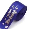 Blue satin ribbon with gold happy birthday foil print for gift wrapping and party decoration. - Sapphire Blue