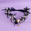 Diadema floral hoja negra perla estrass boda corona elfo novia accesorio cabello elegante - Corona de Guirnalda de Elfo Negra