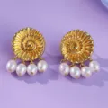 French light luxury gold spiral shell earrings with hanging pearls, stylish and elegant daily wear. - Photo Outstanding (ERS-J4341G)
