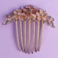Gold-tone hair comb with pink cat-eye stone flowers and purple rhinestones, wedding hair accessories. - Forest Purple Style (HS-J6641PURPLE)