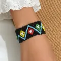 Handmade bohemian seed bead wide bracelet colorful geometric flower woven cuff bracelet for women - Multicolor 13