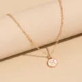 Minimalist long gold chain necklace with white round H letter pendant for stylish daily wear. - Letter H