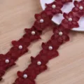 Embroidery lace trim detail shot, red six-petal flower with pearls for DIY crafts. - Size Approx 3.5cm 2 Yards Per Roll / Burgundy
