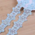Details of light blue embroidered lace trim with pearl for DIY clothing and accessories. - Size Approx 3.5cm 2 Yards Per Roll / Blue