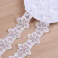 White embroidered six-petal flower lace trim with pearl DIY craft accessory for clothing. - Size Approx 3.5cm 2 Yards Per Roll / White