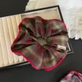 Coletero grande de cuadros con borde rojo, goma de pelo elástica elegante para moño mujer. - Cuadros Rojo Marrón (1413)