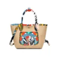 Straw woven bucket bag with traditional opera mask pattern, stylish shoulder handbag for women. - Facial Mask Color 1
