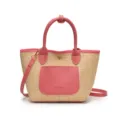 Straw woven bucket bag with pink leather trim, stylish top handle shoulder crossbody bag for women. - Pink