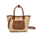 Woven straw bucket bag women casual PU leather trim crossbody shoulder bag stylish tote handbag - Brown