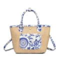 Chic straw woven shoulder bag with blue floral pattern, perfect for commuting and summer. - She Inkstone Splash 2