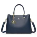 Stylish blue women handbag PU leather shoulder bag casual tote with elegant floral charm. - Blue