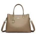 Stylish khaki women shoulder handbag, large capacity tote bag with elegant flower charm. - Light Khaki