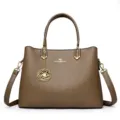 Brown PU leather women handbag elegant shoulder crossbody tote bag with floral pendant - Dark Khaki