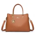 Stylish brown women shoulder handbag, large capacity tote bag with flower pendant and strap. - Yellow Brown