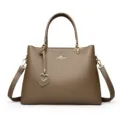 Stylish brown leather women handbag large capacity tote shoulder crossbody bag with heart pendant - Khaki