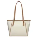 Elegant women's white tote bag with brown straps, large capacity commuter shoulder bag. - Off White