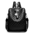 Women stylish black checkerboard pattern backpack fashion casual leather anti-theft shoulder bag - Bag With Charm / Black