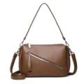 Brown litchi pattern soft leather women's shoulder crossbody bag with diagonal front zipper. - Brown
