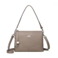 Stylish taupe leather shoulder bag for women, versatile crossbody purse with textured pattern. - Dark Gray