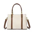 Canvas shoulder bag for women, stylish brown and beige commuter tote bag with top handle. - Off White