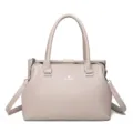 Women's stylish kiss-lock top handle shoulder bag, elegant grey leather messenger tote. - Light Gray