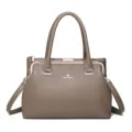 Taupe vertical striped kiss lock handbag with double handles and shoulder strap for women. - Dark Gray