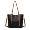 Classic black leather tote bag for women, stylish shoulder handbag with brown straps. - Black