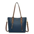 Large capacity blue women tote bag shoulder handbag stylish casual design PU leather. - Blue