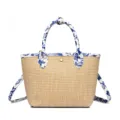 Straw woven bucket bag with blue and white floral print handle, casual crossbody handbag. - She Inkstone Splash 1