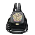Black leather-style women backpack with embossed deer floral design, versatile travel bag - Deer / Black