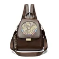 Women brown leather texture backpack with embossed deer flower design multi-functional travel bag - Deer / Brown