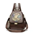 Vintage brown leather backpack with embossed elephant pattern, multi-functional casual daypack. - Elephant / Brown