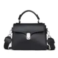 Black genuine leather top-handle shoulder bag women stylish crossbody bag main view. - Black