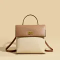 Minimalist two-tone women backpack stylish leather shoulder bag autumn fashion daily casual use. - Off-White with Apricot
