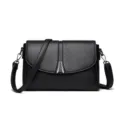 Elegant black leather shoulder bag with chic metal accent for women, versatile crossbody. - Black