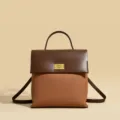 Stylish Two-Tone Women's Leather Backpack Handbag Featuring Gold Turn-Lock Closure Chic - Caramel Brown