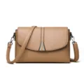 Brown Leather Shoulder Bag Crossbody Purse Elegant Casual Handbag with Metal Buckle - Khaki