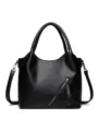 Large capacity soft leather women tote bag minimalist shoulder underarm commuter bag - Black