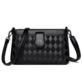 Stylish black quilted leather crossbody bag for women, featuring a chic flower clasp. - Black