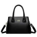 Elegant black leather handbag for women, large capacity commuter tote bag, casual fashion style. - Black